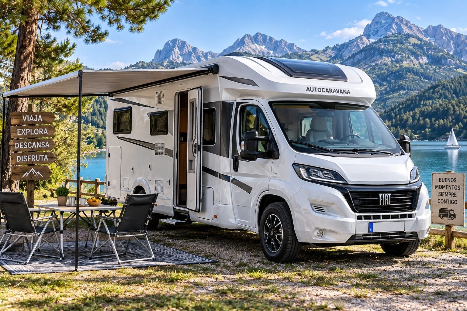 Autocaravana camper aparcada junto a un lago de montana